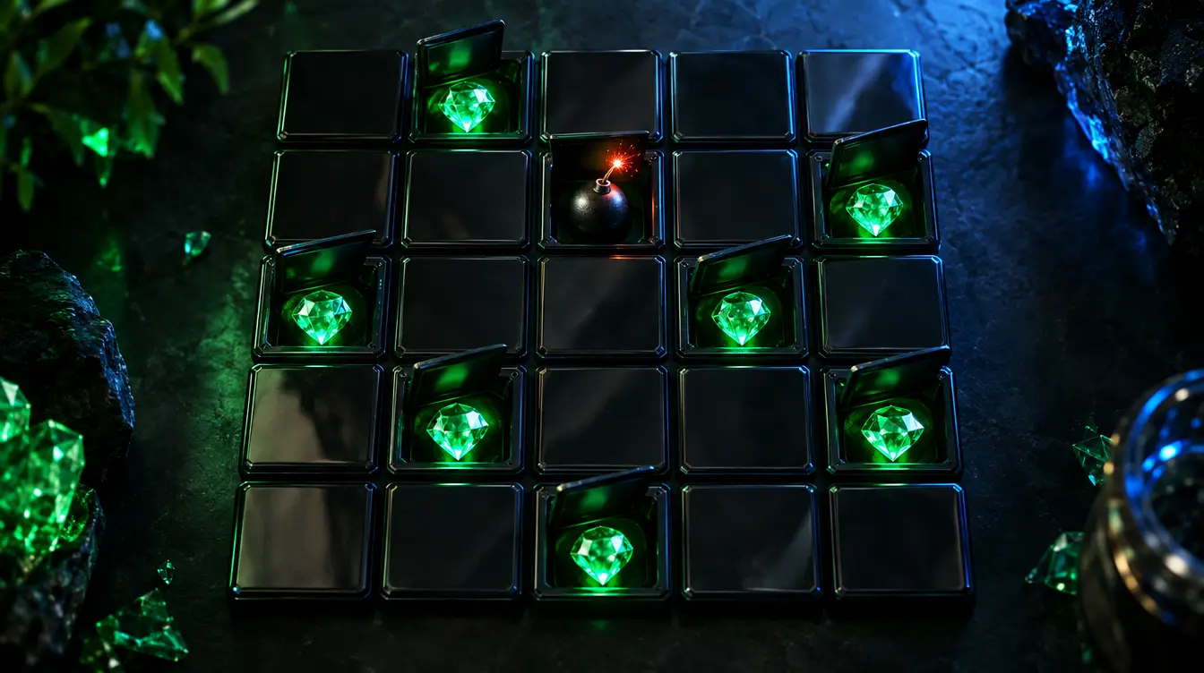 Mines sur 1win : grille 5×5, gemmes et mines